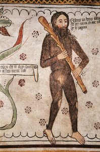 Ego sonto un homo salvadego per natura, chi me ofende ge fo pagura (eu sou um homem selvagem por natureza, aqueles que me ofendem eu vou colocar medo), fresco, museu Homo Salvadego, Sacco, Cosio Valtellino, Lombardia, Itália de Benjamin Baud