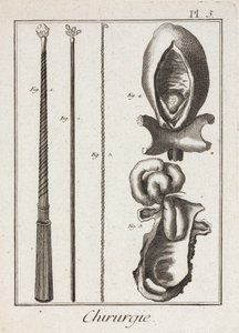 Equipamentos, instrumentos cirúrgicos modernos e diagramas de partes do corpo de Unbekannt