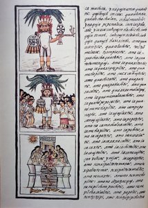 Festival de Toxcatl e sua vítima, Livro II do Codex Florentino, versão bilíngüe em espanhol e Nahuatl, História Geral das Coisas da Nova Espanha (Historia general de las cosas de Nueva Espana), civilização asteca de Benjamin Baud