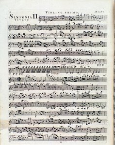 Primeira página da partitura para violino na Sinfonia nº 2 de J Haydn de Unbekannter Künstler