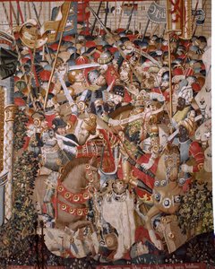 Tapeçaria flamenga. Série "A Guerra de Tróia". A Morte de Aquiles (Muerte de Aquiles). Oitava tapeçaria da série. Modelo Coëtivy Master (Henry ou Conrard de Vulcop). Oficinas de fabricação de Tournai. Ca 1470. Lã e seda de tecido, 6/7 urdiduras por cm. Tam de Unbekannt