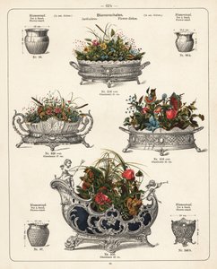 Estantes para flores, pratos para flores, vasos e jardineiras. Litografia de um catálogo de produtos metálicos fabricados pela Wuerttemberg Metalware Factory, Geislingen, Alemanha de Unbekannter Künstler