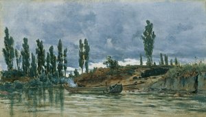 Paisagem fluvial com barcaça de Unbekannter Künstler