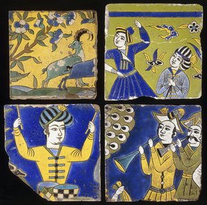 Quatro azulejos de seca Saffavid cuerda, representando dois íbex e as figuras de músicos e dançarinos, c. 1600 de Unbekannt