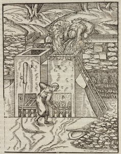 Forno para aquecimento de minério de ouro - Gravura de Description des minerais et des principales methodes d