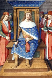 O rei francês Luís IX (São Luís, 214-1270, rei de 1226 a 1270) no seu trono, iluminura francesa de Unbekannter Künstler