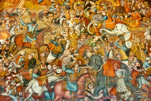 Fresco; batalha; batalha de Nadir Shah na batalha de Karnal; 1739; sobre um cavalo; contra o Sultão Mohammed Shah Gurkani sobre um elefante branco; Chehel Sotoun; Palácio dos Quarenta Pilares; Isfahan; Irão; Ásia de Unbekannt