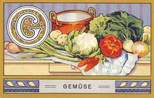 G: Gemuse - Alfabeto Palmin. Série de cromolitógrafos publicada por H. Schlinck & Cie, Hamburg, n.d. . Anúncio para Palmin feinstes Cocosfett. Tamanho : 7 x 11 cm de William M. Timlin