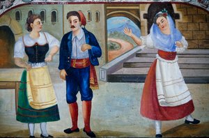 Cena Gallant com personagens vestidos, pintura em madeira, artesanato siciliano, Sicília, Itália, Detalhe de William M. Timlin