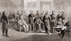 O General Ulysses S. Grant (centro sentado à direita) e o General Robert E. Lee (centro sentado à esquerda) com o seu respectivo pessoal no Appomattox Courthouse, Virgínia, onde o General Lee entregou o Exército da Virgínia do Norte e assim terminou a Guer de Unbekannt