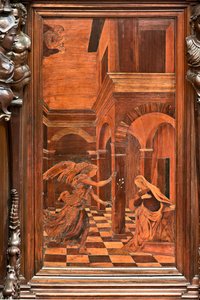 Génova, Duomo (Catedral de São Lourenço), interior, presbitério, abside, coro, lado sul: "Anunciação", intarsia de madeira de Gian Michele De