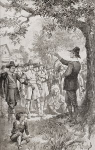 George Fox pregando para uma multidão em Maryland, América, em 1671, durante uma reunião de quatro dias dos Quakers locais. George Fox de Unbekannter Künstler