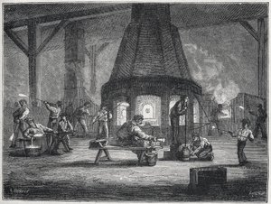 A fabricação de vidro na segunda metade do século XIX: crianças a trabalhar, c. 1880 (gravura) de Unbekannter Künstler