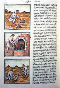 Processamento de ouro por espanhol, texto em Nahuati, de fac-símile do manuscrito História Geral das Coisas da Nova Espanha, também conhecido como Codex Florentino, de Bernardino de Sahagun de Benjamin Baud