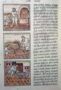 Produção de ouro pelos espanhóis, página do Codex Florentino, versão bilíngue em espanhol e Nahuatl, História Geral das Coisas da Nova Espanha, do missionário espanhol Fray Bernardino de Sahagun. A civilização asteca de William M. Timlin