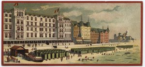 Grandes hotéis: vista exterior do Hotel de la Plage em Ostende, Bélgica - Mapa de uma série que apresenta os hotéis da "Compagnie Internationale des Grands Hotels", finais do século XIX - início do século XX de William M. Timlin