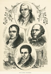 Grandes Engenheiros e Inventores: James Watt, John Ericsson, Robert Fulton, Richard Trevithick, , c.1880 (foto a p/b) de Unbekannt