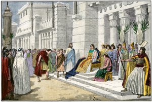 Mitologia grega e romana: Dídon (ou Eliseu ou Elissa), lendário fundador e primeira rainha de Cartago (Tunísia), recebe Eneias, heróis da Guerra de Troia e fundador de Lavínio, originário de Roma (Itália) - Gravura a cores do século XIX - Dido, fou de Unbekannter Künstler