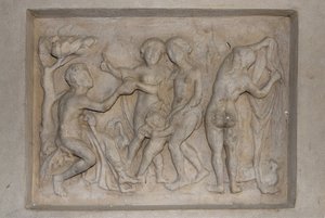 Mitologia grega: o julgamento de Paris. O pastor Paris deve escolher a mais bela das três deusas de Afrodite (Vénus), acompanhada por Cupido, Hera (Junon) e Atena (Minerva). Ele escolhe Afrodite, a quem oferece uma maçã de ouro. Alívio de Unbekannt