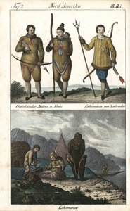 Habitantes da Gronelândia com peles e um inuíte do Labrador (Canadá) com um tridente. Em baixo, uma cena quotidiana da vida familiar inuíte em frente a um iglu, uma tenda e uma canoa, América do Norte. Litografia para o livro: "Galerie complete en tableaux de Unbekannter Künstler