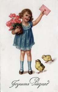 Cartão de boas-vindas para a Páscoa: uma menina trazendo uma carta selada acompanhada por dois pintinhos - Cartão postal do final do século XIX ao século XX de Unbekannt