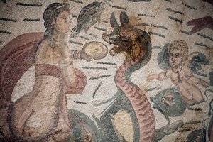 Hall of Arion. Cena marinha. Criaturas marinhas. Nereides e tritões. Século III - IV. Vila Romana de Casale, Sicília. Site da UNESCO. de William M. Timlin