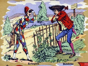 Arlequim e Bobeche . Alfabeto ilustrado. Imagens reunidas em Jarville-Nancy, início do século XX. Dimensões: 40 x 29 cm. Litografia sobre fundo de bistre. de William M. Timlin