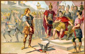 História. Roma Antiga. Vercingetorix (chefe de uma tribo gaulesa: os Averni) rende-se a Júlio César em Alesia, 52 AC. Imagery, França, c.1900. de Unbekannter Künstler