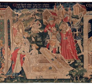 História de Saint Piat e Saint Eleuthère, também chamado de tapeçaria de Arras. Encomendado ao cónego Toussaint Prier, capelão do duque de Borgonha, final do século XIV e início do século XV. 22m x 2m. Detalhe (tapeçaria)