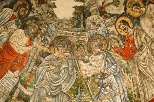 Virgem Santa e Mosteiro São João Kame : 9º c. fresco : A Anunciação. Maria está rodeada pelos profetas Moisés, Esaías, Ezechiel e Daniel. Egito de Unbekannt
