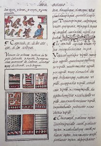 Huipil, traje feminino usado pela nobreza com blusas bordadas, Livro VIII do Códice Florentino, História Geral das Coisas da Nova Espanha, do missionário espanhol Fray Bernardino de Sahagun. Civilização asteca de William M. Timlin