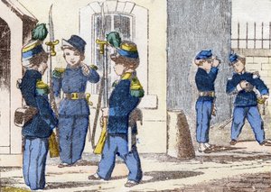 Caçadores a pé. Gravura em "Alfabeto militante enfantin". Imagem de Pont-a-Mousson, por volta de 1890. 20 páginas. Dim: 28,5x21cm de Unbekannt