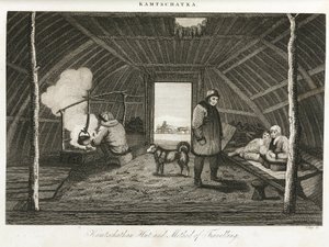 Hut em Kamchatka (península do extremo leste da Rússia) e trenó de transporte, ca. 1810 de Unbekannt