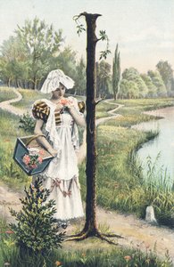 E: Uma mulher de vestido, avental e touca segura uma cesta no braço direito. Decoração do campo - Alfabeto caracteres Ref Th. E., L. Theochrom - Serie 994. Theodor Eisman, editor, Leipzig de Unbekannt