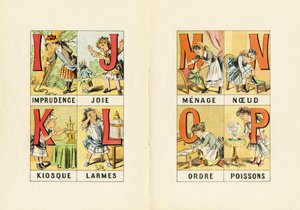 I : imprudência ; J : alegria ; K : quiosque ; L : lágrimas ; M N O P : menagem, nÏud, ordre, poissons - Gravura tirada do ABCD des petites filles. Pellerin & Cie, editora de impressoras, Epinal, por volta de 1890. Série A. Dimensões : 19 x 13,5 cm. de Unbekannt
