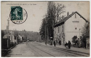 Ile de France, Essonne (91), Chamarande: vista da estação de trem - Cartão postal datado de 1908 de William M. Timlin