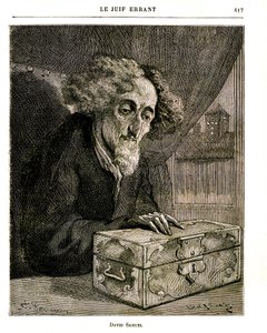 Ilustração do romance de Eugene Sue "O Judeu Errante" - Gravação de FERDINANDUS na edição de Jules Rouff de 1883. David Samuel, o guardião da propriedade da família De Rennepont, com a cassete (cofre) contendo os títulos, ações, contas de Unbekannt
