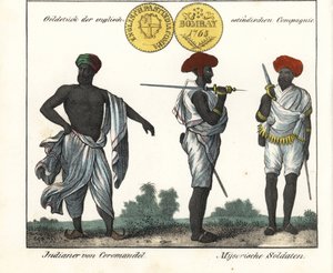 Trajes indianos: um homem da costa de Coromandel e dois soldados de Mysore (ou Maissour). Com uma moeda de ouro da Companhia das Índias Orientais. Litografia para o livro: "Galerie complete en tableaux fideles des peuples d