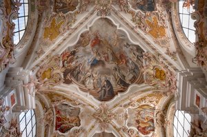 Fotografia interior de frescos de tecto, pintura de tecto, basílica do mosteiro, igreja do mosteiro, mosteiro dos cânones agostinianos, mosteiro Neustift, também mosteiro, Vahrn perto de Brixen, Bressanone, Tirol do Sul, Itália, Europa (foto) de Unbekannter Künstler