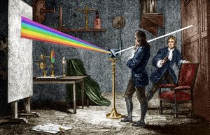 Isaac Newton a dispersar a luz com um prisma de vidro