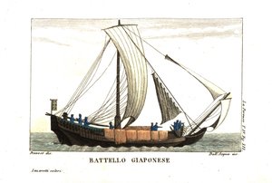 Barco à vela japonês. Ilustração de Jean Louis Prevost do diário de Jean François de Galaup, conde de La Perouse (1741-1788). Gravura em talhe-doce de dell