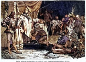 Jean de Bethencourt, cavalheiro normando, Barão de Saint Martin le Gaillard, conquistou e cristianizou as Ilhas Canárias em Janeiro de 1405, a partir da revista "Sur terre et sur mer" n°28, 8 de Janeiro de Unbekannter Künstler