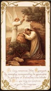 Jesus ajoelhado em oração no Jardim do Getsêmani, um anjo apresentando-lhe um cálice. Início do século 20 (cartão postal)