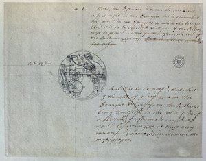Desenho de John Harrison para o "relógio menor" mencionado por ele à Junta de Longitude em 19 de Junho de 1755, a partir de um conjunto de notas e desenhos mecânicos compilados por John Harrison (1693-1776) e seu filho William (c.1726-72) (caneta e tinta s de Unbekannt