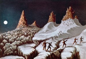 Ascensão de John MacGregor ao Mont Blanc, rota dos Grands Mulets, ilustração de Narrative de ascensão ao Mont Blanc, 21 de setembro de William M. Timlin