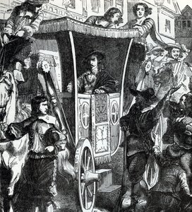 O Rei Carlos I, saudado pela multidão após a tentativa falhada de prender os cinco membros do Parlamento John Pym, John Hampden, Denzil Holles, William Strode e Arthur Haselrig, em 4 de janeiro de 1642. Século XIX (gravura de "History of the world") de Unbekannter Künstler