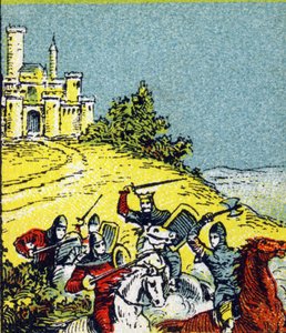 O rei Luís VI Le Gros lutou contra o roubo dos senhores do reino. Gravura no "Histoire de France". Série de imagens publicitárias publicadas em nome de Louit, 24 rue d