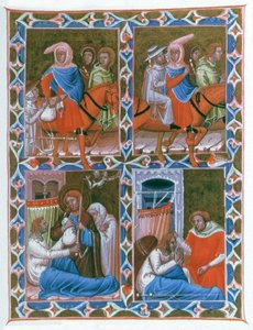 Cavaleiro de Lyon a Compostela, leva uma mulher idosa e um homem doente. Cristo aparece ao cavaleiro moribundo de Unbekannter Künstler
