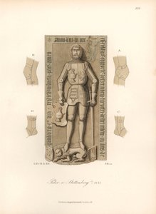 Cavaleiro com armadura do século XV, com pormenores das ligaduras nos joelhos e nos cotovelos - Lápide de Peter von Stettenberg, falecido em 1441 - Cromolitografia, desenho de Jakob Heinrich von Hefner-Alteneck (1811-1903), para o seu livro "Trajes, ofício de Unbekannter Künstler