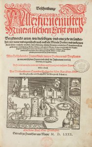 Laboratório de análise de minério, com forno, instrumento e ferramentas - Página de título de Descrição de minérios e principais métodos de mineração, por Lazarus Ecker - Alquimia & Química Antiga Página de título de um livro sobre metalurgia de Unbekannt